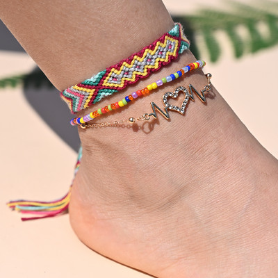 Brățară de gleznă din împletitură boemă realizată manual pentru femei, inimă de cristal pentru picior, lanț de gleznă, curea, prietenie, bijuterii de plajă