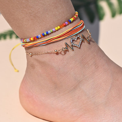 Brățară de gleznă din împletitură boemă realizată manual pentru femei, inimă de cristal pentru picior, lanț de gleznă, curea, prietenie, bijuterii de plajă