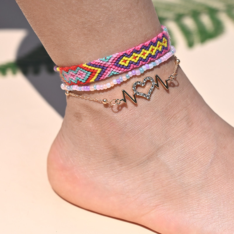 Brățară de gleznă din împletitură boemă realizată manual pentru femei, inimă de cristal pentru picior, lanț de gleznă, curea, prietenie, bijuterii de plajă