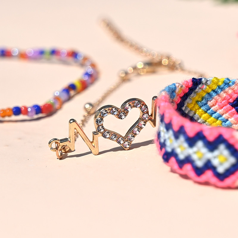 Brățară de gleznă din împletitură boemă realizată manual pentru femei, inimă de cristal pentru picior, lanț de gleznă, curea, prietenie, bijuterii de plajă