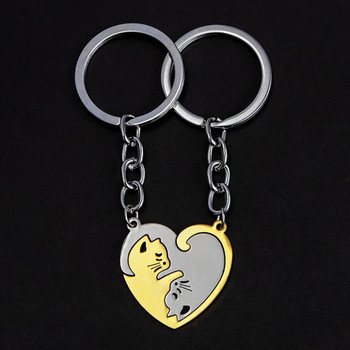 2Pcs Пъзел Cat Keychain Couple Lover Animal Matching Keyring Висулки Подарък за Свети Валентин Ключодържател от неръждаема стомана Любовно сърце