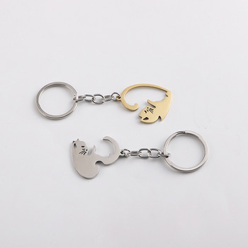 2Pcs Пъзел Cat Keychain Couple Lover Animal Matching Keyring Висулки Подарък за Свети Валентин Ключодържател от неръждаема стомана Любовно сърце