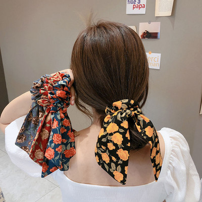 Moda șifon din mătase, cu fundă florală, scrunchies pentru păr femei, frânghie, benzi de cauciuc, suport pentru coadă de cal, accesorii pentru păr pentru fete