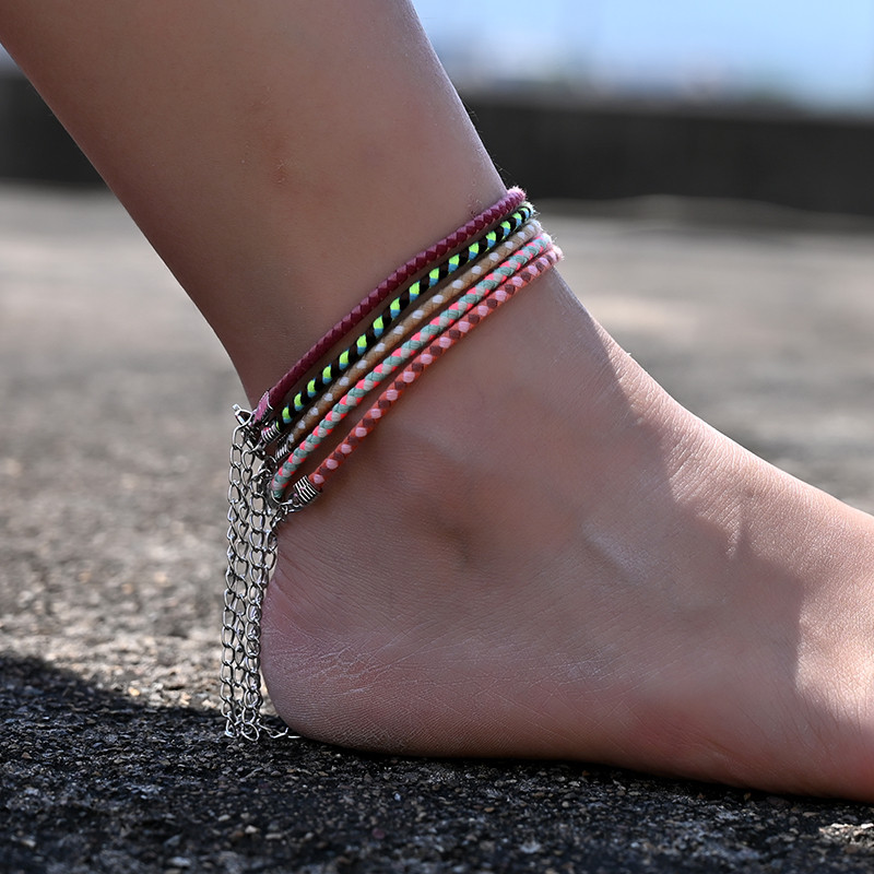 15 db/tétel Véletlenszerű színes szál bokaláncpántos női boka karkötő láblánchoz Boho Beach mezítlábas nyári ékszer kiegészítők