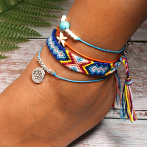 MOON GIRL Set de glezne Bobo Lotus din țesătură manuală, 4 bucăți, stele de mare, 4 piese, boeme șic, gleznă, cadou pentru femei