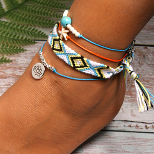 MOON GIRL Set de glezne Bobo Lotus din țesătură manuală, 4 bucăți, stele de mare, 4 piese, boeme șic, gleznă, cadou pentru femei