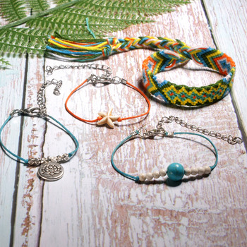 MOON GIRL Handmade Weave Bobo Lotus Anklet Set Fashion Starfish 4 Pieces Bohemian Chic Summer гривна glezen for Women Gift