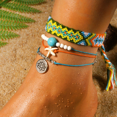 MOON GIRL Handmade Weave Bobo Lotus Anklet Set Fashion Starfish 4 Pieces Bohemian Chic Summer гривна glezen for Women Gift
