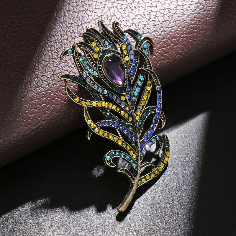 Broșă cu pene de păun de cristal albastru profund Boho smalț Animal păsări ace Broșe vintage Accesorii de modă pentru nuntă pentru haine