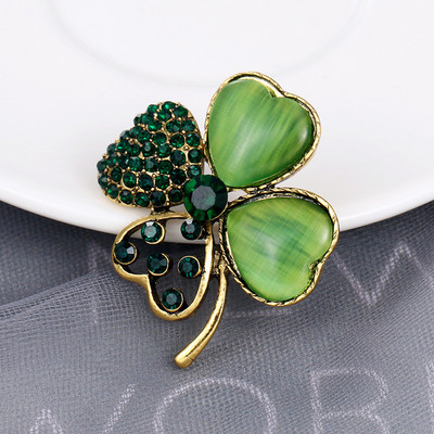 Broșe cu trifoi cu patru foi din sticlă de cristal pentru femei, elegante, cu strasuri complete, corsaj din aliaj de opal verde, pentru femei, broșă, moda