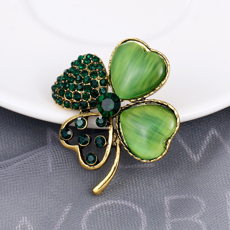 Broșe cu trifoi cu patru foi din sticlă de cristal pentru femei, elegante, cu strasuri complete, corsaj din aliaj de opal verde, pentru femei, broșă, moda