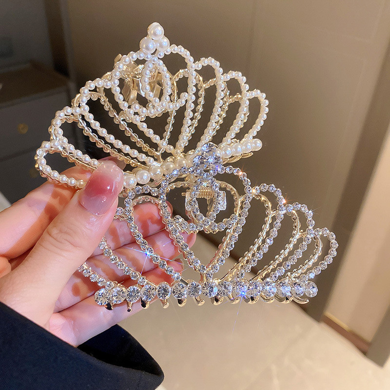 Clip cu gheare de păr coroană mare de aur pentru femei Agrafe de păr cu strasuri de perle pentru fete Agrafe de păr la modă coreeană Accesorii