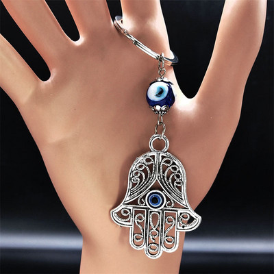 Breloc din aliaj turcesc cu ochi albastri de mână Hamsa, pentru femei, cu ochi răi, culoare argintie, protecție norocoasă, breloc pandantiv, bijuterii musulmane KXH527