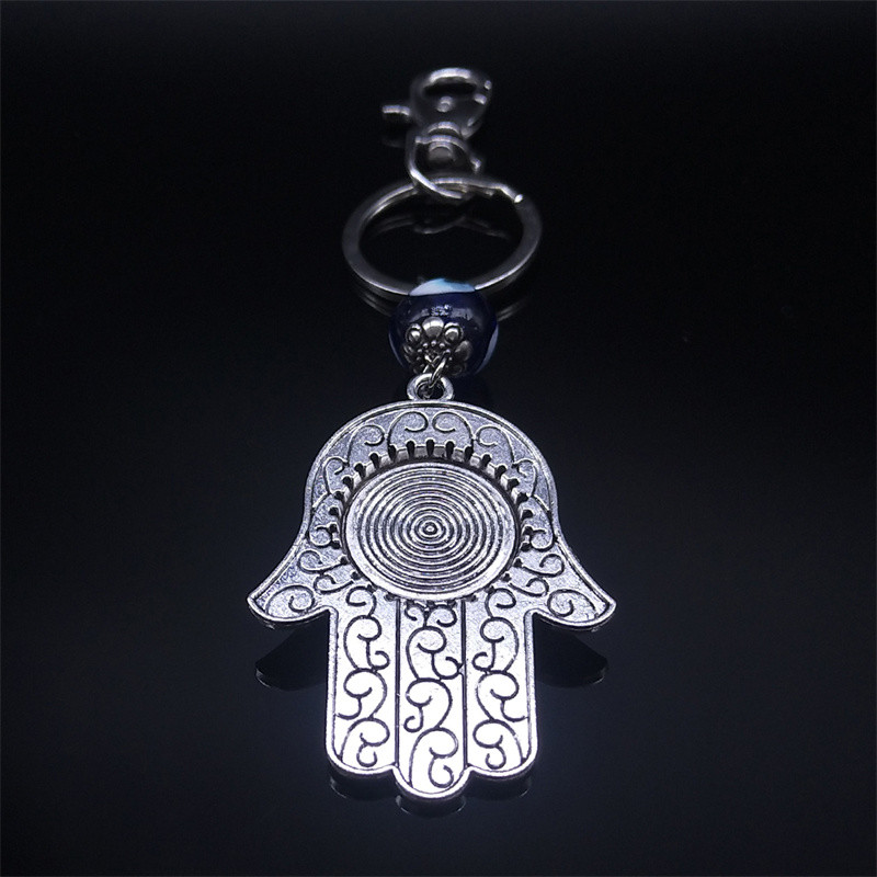 Breloc din aliaj turcesc cu ochi albastri de mână Hamsa, pentru femei, cu ochi răi, culoare argintie, protecție norocoasă, breloc pandantiv, bijuterii musulmane KXH527