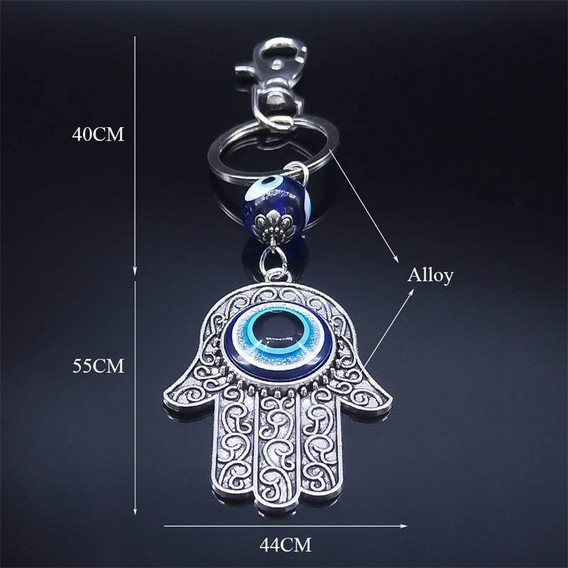 Breloc din aliaj turcesc cu ochi albastri de mână Hamsa, pentru femei, cu ochi răi, culoare argintie, protecție norocoasă, breloc pandantiv, bijuterii musulmane KXH527