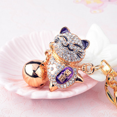 Breloc drăguț din cristal, pentru femei, din aliaj, cu clopoțel mare, strasuri japoneze, pisică norocoasă, lanț de chei pentru mașină, geantă pentru fete, pandantiv, bijuterii, breloc animal