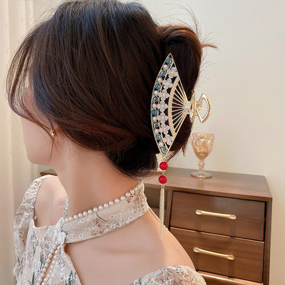 Agrafe mari retro chinezești tradiționale pentru gheare de păr pentru femei, ventilator, ciucuri, agrafe de păr perle, accesorii de modă pentru fete