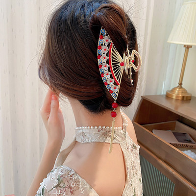 Agrafe mari retro chinezești tradiționale pentru gheare de păr pentru femei, ventilator, ciucuri, agrafe de păr perle, accesorii de modă pentru fete