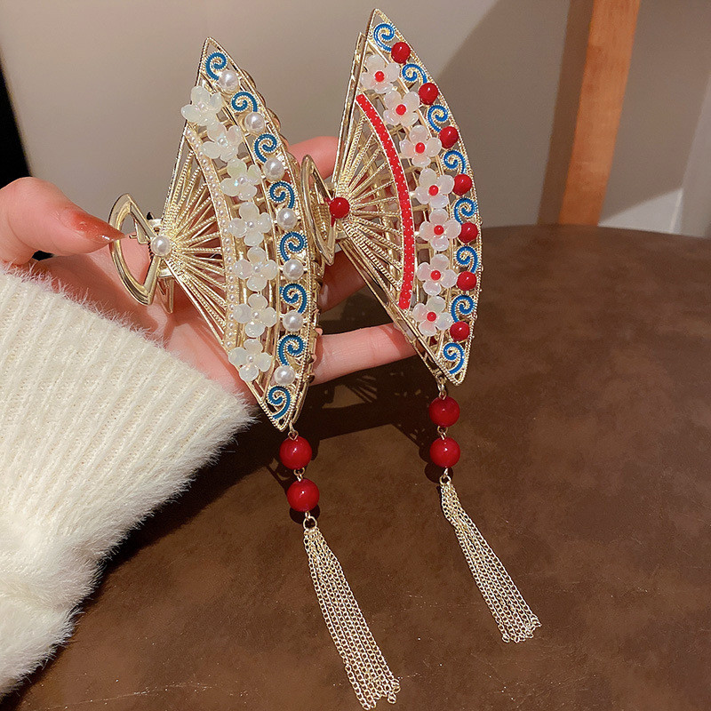 Agrafe mari retro chinezești tradiționale pentru gheare de păr pentru femei, ventilator, ciucuri, agrafe de păr perle, accesorii de modă pentru fete
