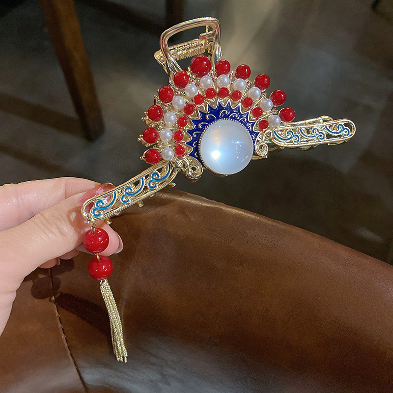 Agrafe mari retro chinezești tradiționale pentru gheare de păr pentru femei, ventilator, ciucuri, agrafe de păr perle, accesorii de modă pentru fete