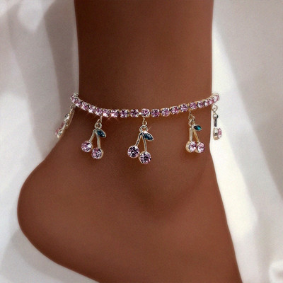 Модерна червена голяма черешова гривна за глезена за жени Bling Bling Crystal Fruit Tennis Glezen Chain Пънк парти бижута Подаръци