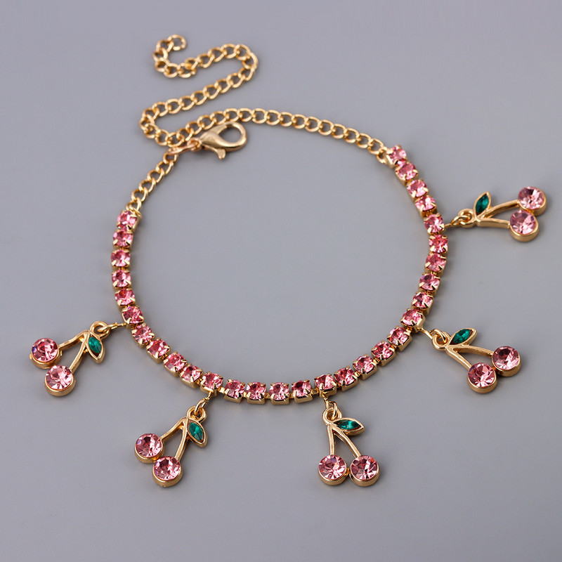 La modă roșu mare strasuri cireșe brățară de gleznă pentru femei Bling Bling cristal fructe tenis glezna lanț punk bijuterii de petrecere cadouri