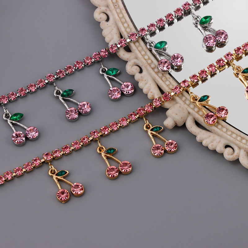 La modă roșu mare strasuri cireșe brățară de gleznă pentru femei Bling Bling cristal fructe tenis glezna lanț punk bijuterii de petrecere cadouri