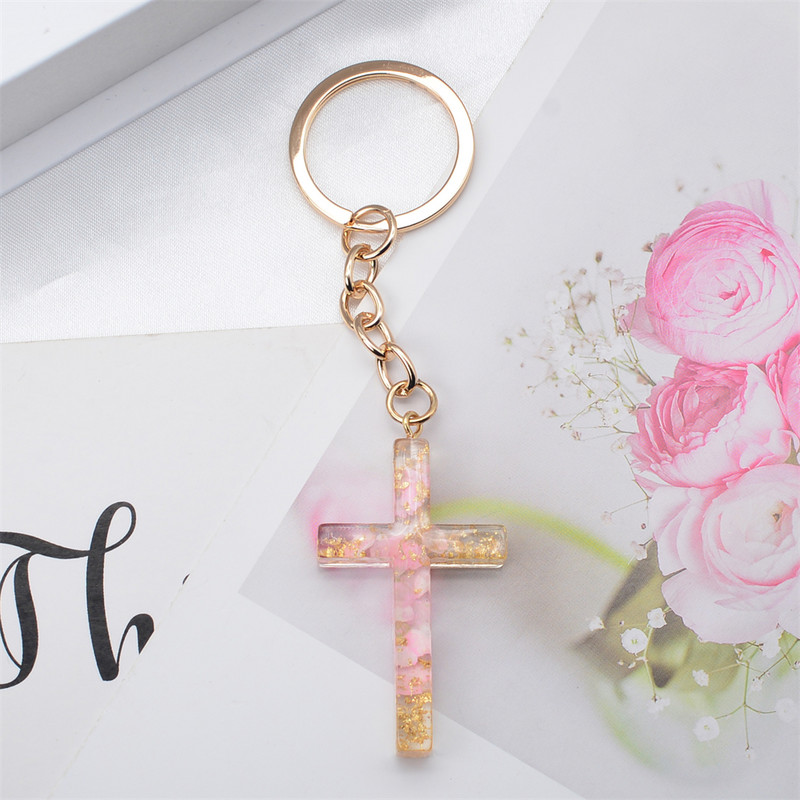 Nový vynikajúci prívesok na kľúče so sušenými kvetmi, živicovou výplňou, krížom, príveskom na kľúče pre ženy, taškou, ozdobou, kresťanským suvenírovým darčekovým doplnkom.