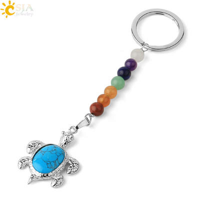 Prívesky na kľúče CSJA s prírodnými kameňmi, 7 čakier, strieborná farba, prívesok s morskou korytnačkou, oválny korálik, korytnačka, prívesok na kľúče do auta, taška, šperky G349