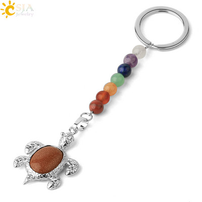 Prívesky na kľúče CSJA s prírodnými kameňmi, 7 čakier, strieborná farba, prívesok s morskou korytnačkou, oválny korálik, korytnačka, prívesok na kľúče do auta, taška, šperky G349