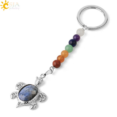 Prívesky na kľúče CSJA s prírodnými kameňmi, 7 čakier, strieborná farba, prívesok s morskou korytnačkou, oválny korálik, korytnačka, prívesok na kľúče do auta, taška, šperky G349