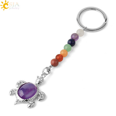 Prívesky na kľúče CSJA s prírodnými kameňmi, 7 čakier, strieborná farba, prívesok s morskou korytnačkou, oválny korálik, korytnačka, prívesok na kľúče do auta, taška, šperky G349