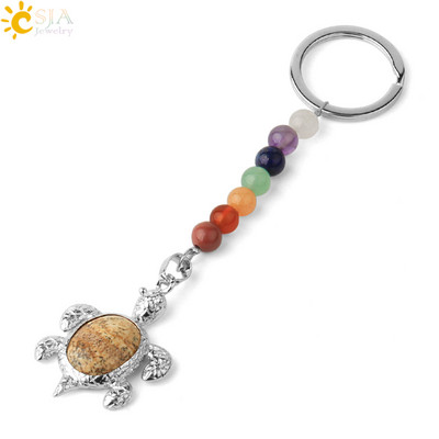 Prívesky na kľúče CSJA s prírodnými kameňmi, 7 čakier, strieborná farba, prívesok s morskou korytnačkou, oválny korálik, korytnačka, prívesok na kľúče do auta, taška, šperky G349