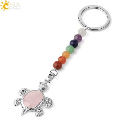 Prívesky na kľúče CSJA s prírodnými kameňmi, 7 čakier, strieborná farba, prívesok s morskou korytnačkou, oválny korálik, korytnačka, prívesok na kľúče do auta, taška, šperky G349