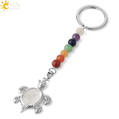 Prívesky na kľúče CSJA s prírodnými kameňmi, 7 čakier, strieborná farba, prívesok s morskou korytnačkou, oválny korálik, korytnačka, prívesok na kľúče do auta, taška, šperky G349