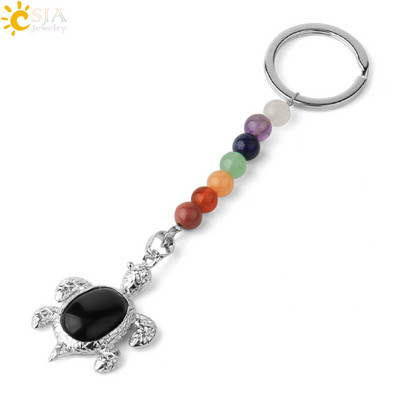 Prívesky na kľúče CSJA s prírodnými kameňmi, 7 čakier, strieborná farba, prívesok s morskou korytnačkou, oválny korálik, korytnačka, prívesok na kľúče do auta, taška, šperky G349