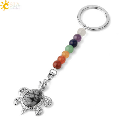 Prívesky na kľúče CSJA s prírodnými kameňmi, 7 čakier, strieborná farba, prívesok s morskou korytnačkou, oválny korálik, korytnačka, prívesok na kľúče do auta, taška, šperky G349