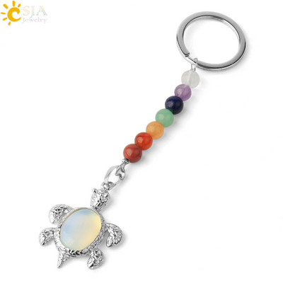 Prívesky na kľúče CSJA s prírodnými kameňmi, 7 čakier, strieborná farba, prívesok s morskou korytnačkou, oválny korálik, korytnačka, prívesok na kľúče do auta, taška, šperky G349