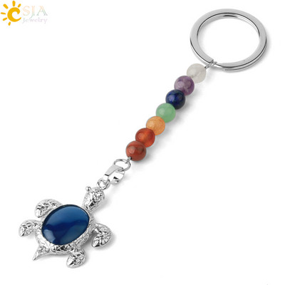 Prívesky na kľúče CSJA s prírodnými kameňmi, 7 čakier, strieborná farba, prívesok s morskou korytnačkou, oválny korálik, korytnačka, prívesok na kľúče do auta, taška, šperky G349