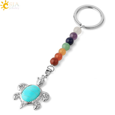 Prívesky na kľúče CSJA s prírodnými kameňmi, 7 čakier, strieborná farba, prívesok s morskou korytnačkou, oválny korálik, korytnačka, prívesok na kľúče do auta, taška, šperky G349