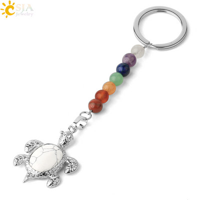 Prívesky na kľúče CSJA s prírodnými kameňmi, 7 čakier, strieborná farba, prívesok s morskou korytnačkou, oválny korálik, korytnačka, prívesok na kľúče do auta, taška, šperky G349