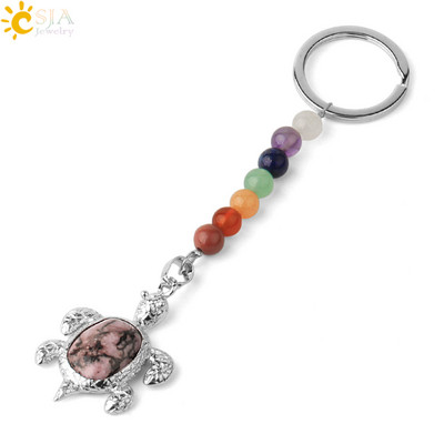 Prívesky na kľúče CSJA s prírodnými kameňmi, 7 čakier, strieborná farba, prívesok s morskou korytnačkou, oválny korálik, korytnačka, prívesok na kľúče do auta, taška, šperky G349