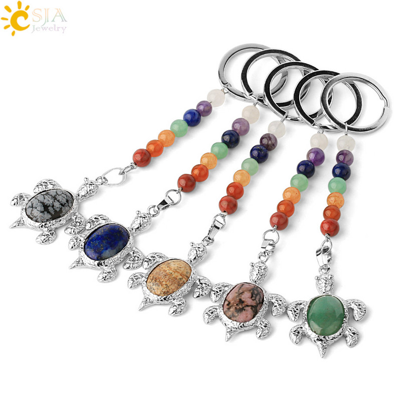 Prívesky na kľúče CSJA s prírodnými kameňmi, 7 čakier, strieborná farba, prívesok s morskou korytnačkou, oválny korálik, korytnačka, prívesok na kľúče do auta, taška, šperky G349
