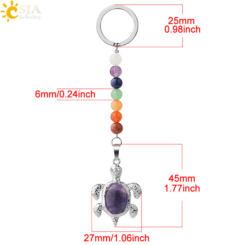 Prívesky na kľúče CSJA s prírodnými kameňmi, 7 čakier, strieborná farba, prívesok s morskou korytnačkou, oválny korálik, korytnačka, prívesok na kľúče do auta, taška, šperky G349