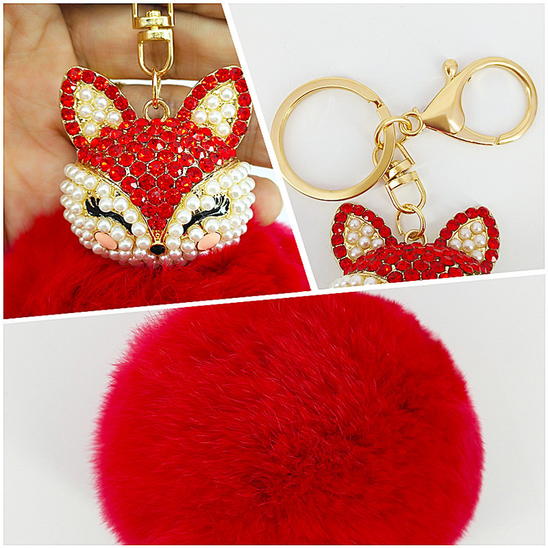 Breloc drăguț cu vulpe pentru femei, fete, blană pufoasă, lanțuri de chei cu incrustații cu strasuri, pandantive, bijuterii, brelocuri, breloc
