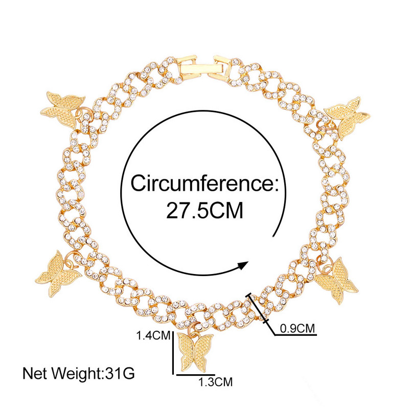 Roz strasuri fluture cubanez zale pentru gleznă pentru femei auriu argintiu metal gros glezna brăţară moda punk bijuterii