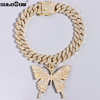 Hiphopa 12 mm Bling Iced Out Rhombus Kubas ķēdes potītes ar pilniem Rhinestones Pave Butterfly kulons potītes rokassprādze Sieviešu rotaslietas