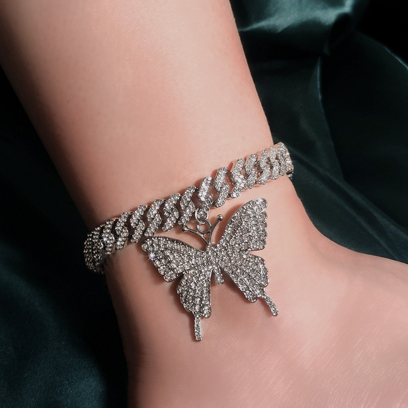Hip Hop 12mm Bling Iced Out rombusz kubai lánc bokalánc teljes strasszokkal Pave pillangó medál boka karkötő női ékszer