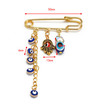 Lucky Eye Fatima Hamsa Hand Blue Turkish Evil Eye Brooch Pin Gold Color Alloy Charm Brooch for Women Men Fashion Jewelry BE102