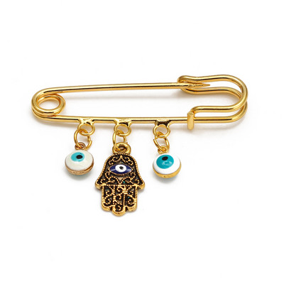 Lucky Eye Fatima Hamsa Hand Blue Turc Evil Eye Broșă Pin Broșă de farmec din aliaj de culoare aurie pentru femei bărbați bijuterii de modă BE102
